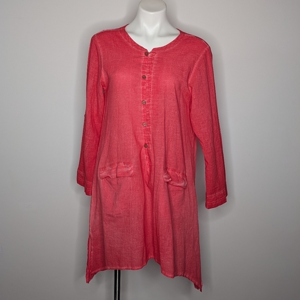 ✨3/$15 Elis Silebezi Salmon Red Pink Intentional Fade Long Sleeve Cotton Dress L